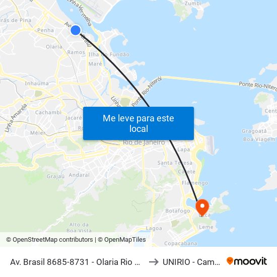 Av. Brasil 8685-8731 - Olaria Rio De Janeiro to UNIRIO - Campus V map