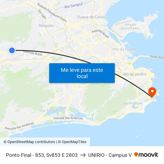 Ponto Final - 853, Sv853 E 2803 to UNIRIO - Campus V map