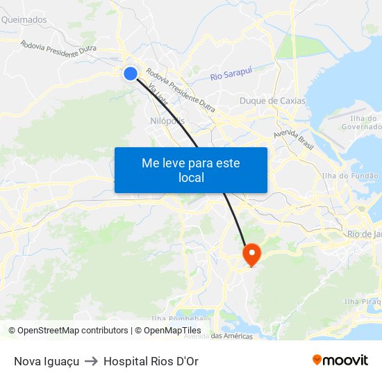 Nova Iguaçu to Hospital Rios D'Or map