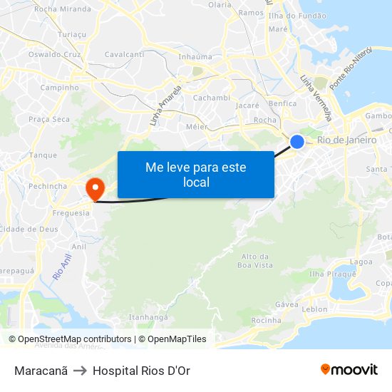 Maracanã to Hospital Rios D'Or map