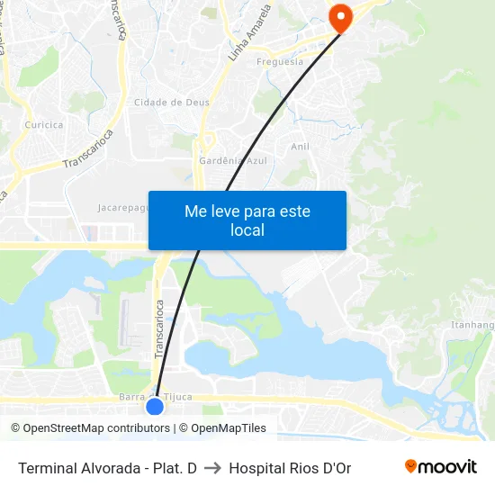 Terminal Alvorada - Plat. D to Hospital Rios D'Or map