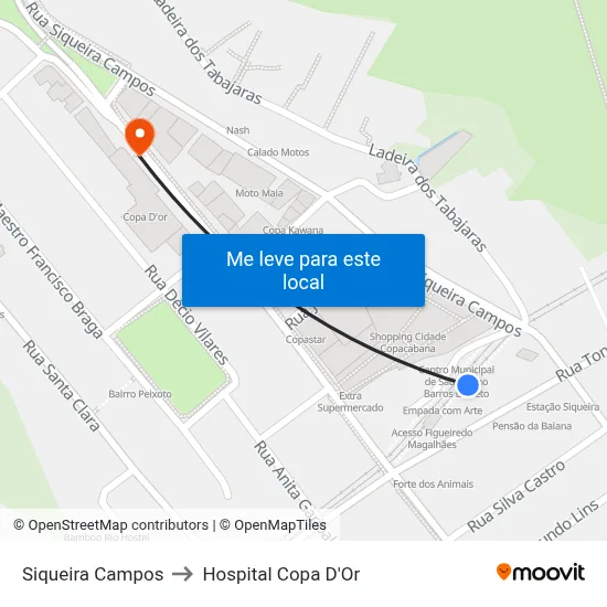Siqueira Campos to Hospital Copa D'Or map
