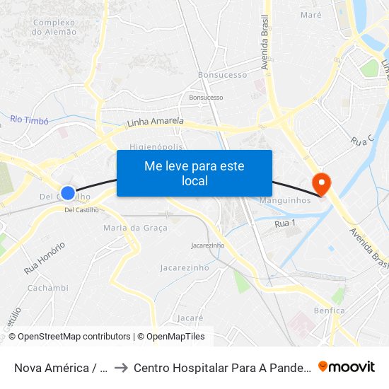 Nova América / Del Castilho to Centro Hospitalar Para A Pandemia De Covid-19 / Ini map