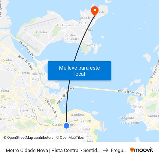 Metrô Cidade Nova | Pista Central - Sentido Candelária to Freguesia map