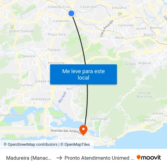 Madureira (Manaceia) to Pronto Atendimento Unimed Rio map