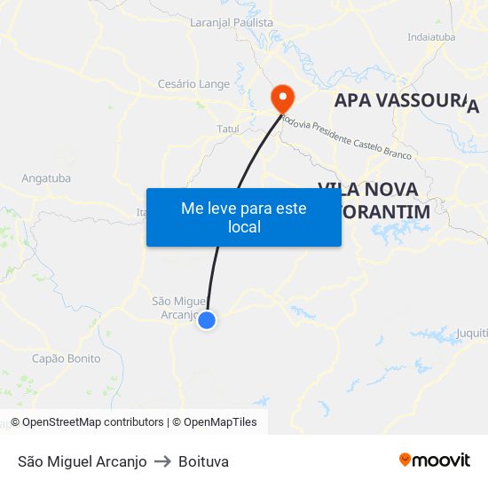 São Miguel Arcanjo to Boituva map