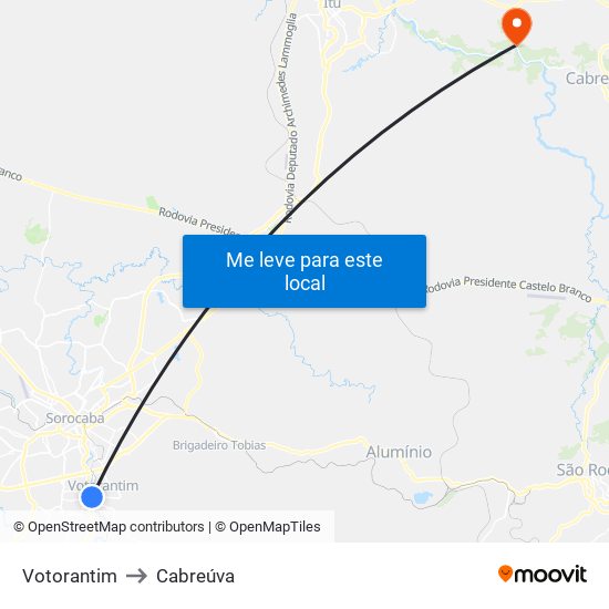 Votorantim to Cabreúva map