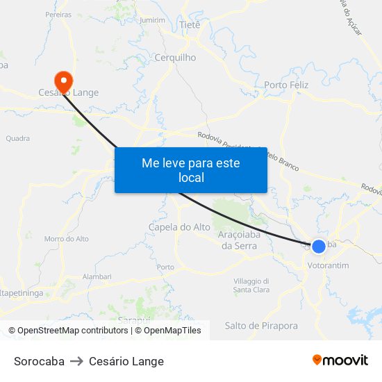 Sorocaba to Cesário Lange map