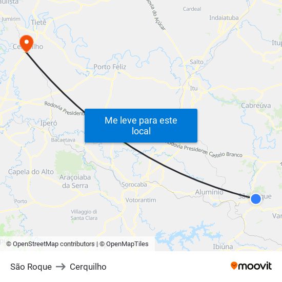 São Roque to Cerquilho map