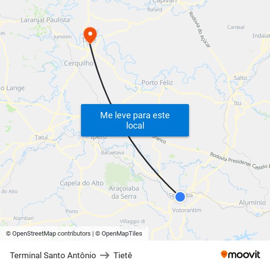 Terminal Santo Antônio to Tietê map