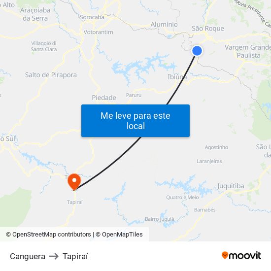 Canguera to Tapiraí map