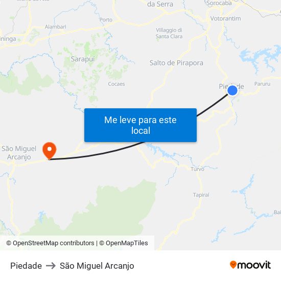 Piedade to São Miguel Arcanjo map