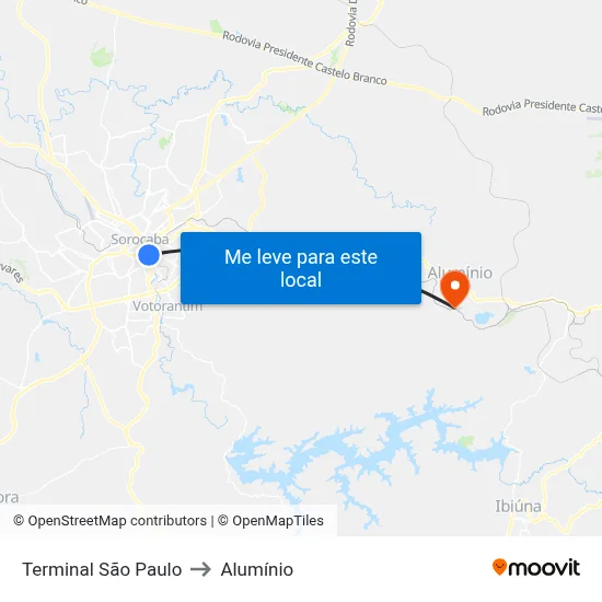 Terminal São Paulo to Alumínio map