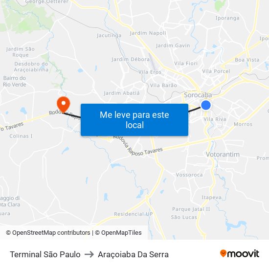 Terminal São Paulo to Araçoiaba Da Serra map