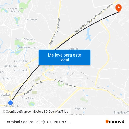 Terminal São Paulo to Cajuru Do Sul map