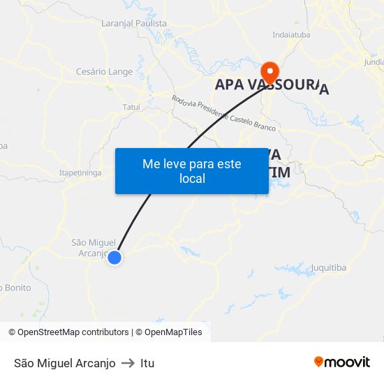 São Miguel Arcanjo to Itu map
