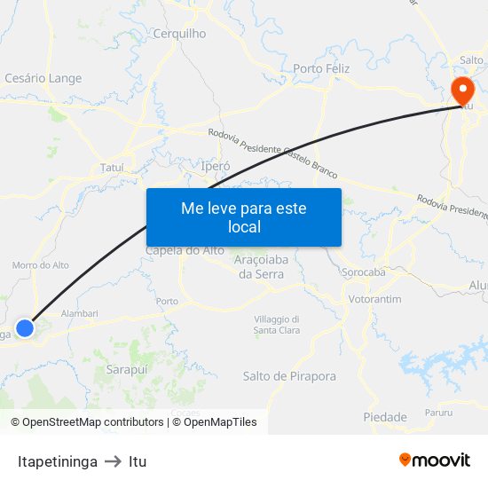 Itapetininga to Itu map