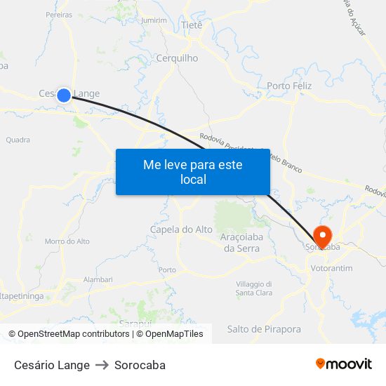 Cesário Lange to Sorocaba map