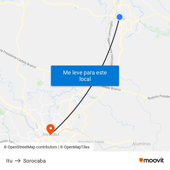 Itu to Sorocaba map