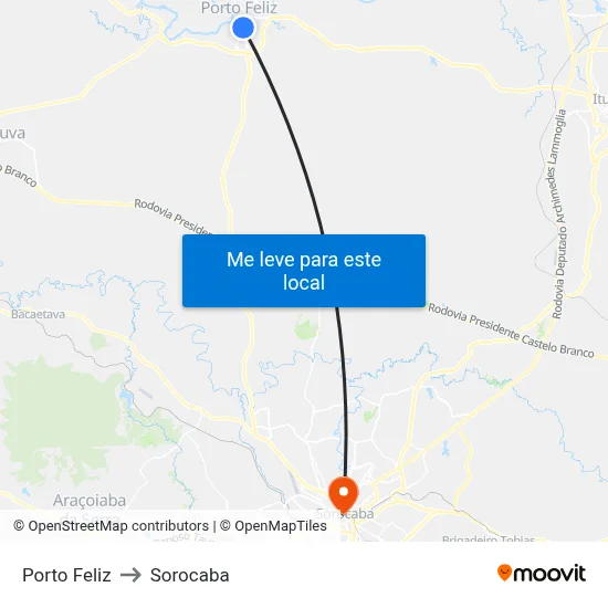 Porto Feliz to Sorocaba map
