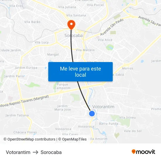 Votorantim to Sorocaba map