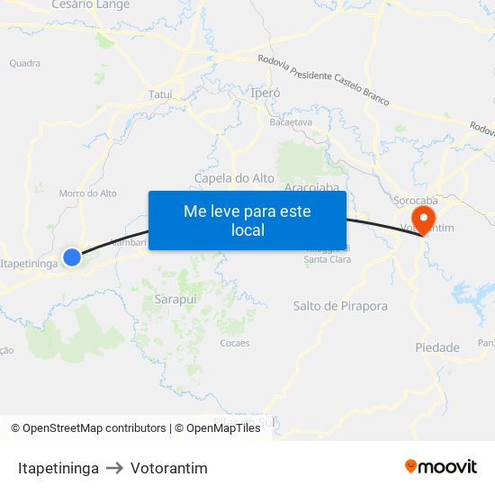 Itapetininga to Votorantim map
