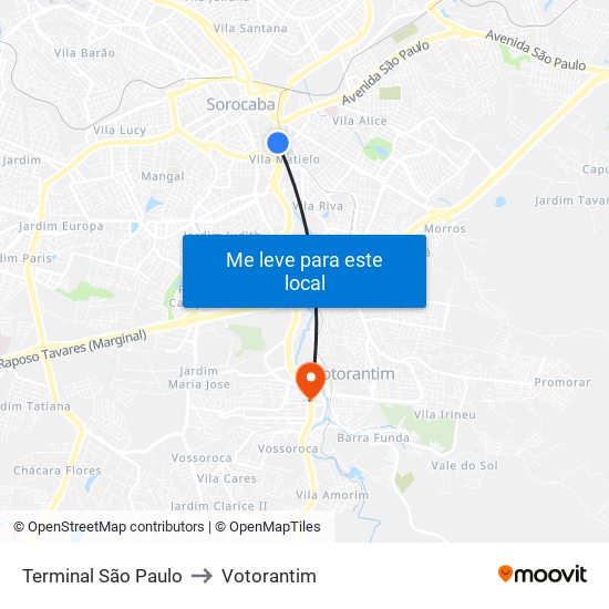 Terminal São Paulo to Votorantim map