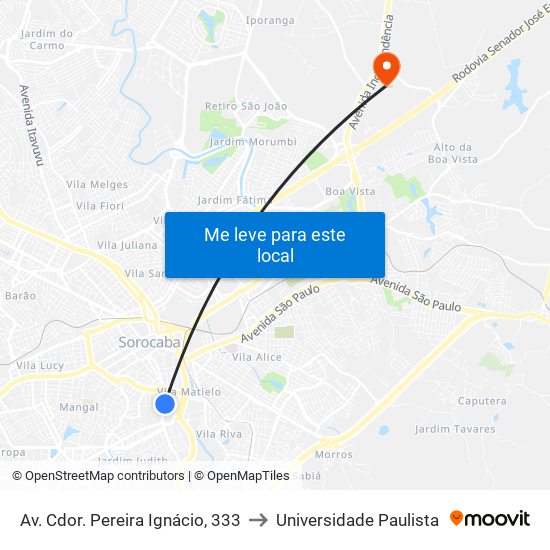 Av. Cdor. Pereira Ignácio, 333 to Universidade Paulista map