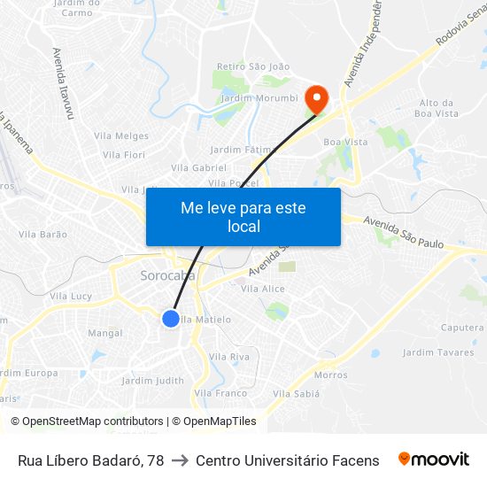 Rua Líbero Badaró, 78 to Centro Universitário Facens map