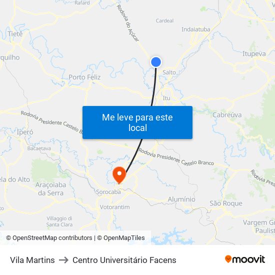 Vila Martins to Centro Universitário Facens map