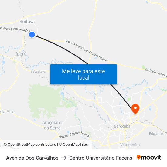 Avenida Dos Carvalhos to Centro Universitário Facens map