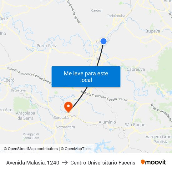 Avenida Malásia, 1240 to Centro Universitário Facens map
