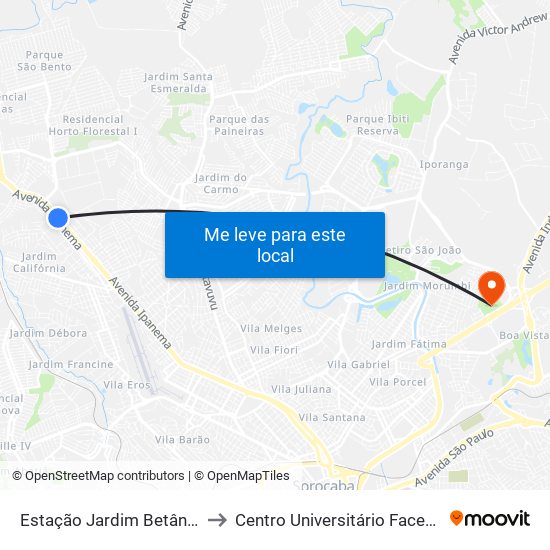Estação Jardim Betânia to Centro Universitário Facens map