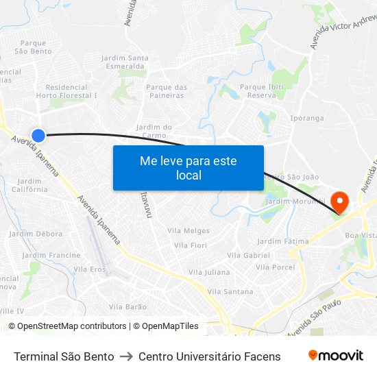 Terminal São Bento to Centro Universitário Facens map