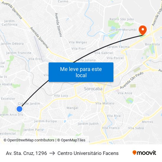 Av. Sta. Cruz, 1296 to Centro Universitário Facens map