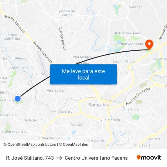 R. José Stilitano, 743 to Centro Universitário Facens map