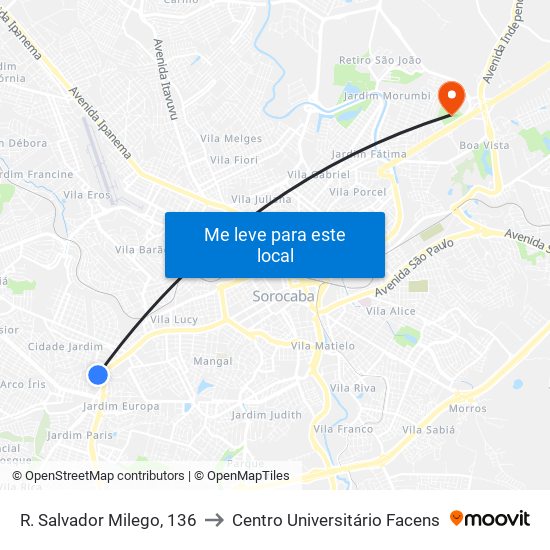 R. Salvador Milego, 136 to Centro Universitário Facens map