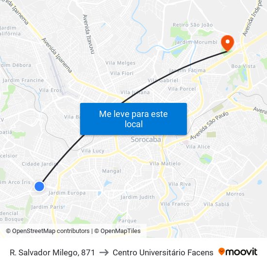 R. Salvador Milego, 871 to Centro Universitário Facens map