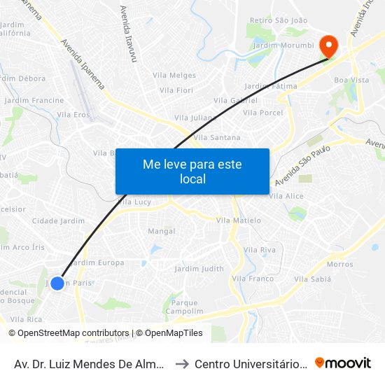 Av. Dr. Luiz Mendes De Almeida, 1075 to Centro Universitário Facens map