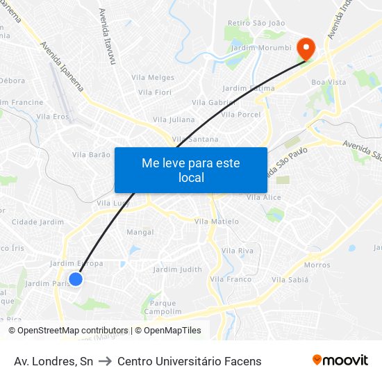 Av. Londres, Sn to Centro Universitário Facens map