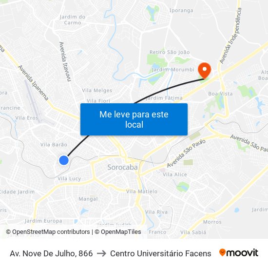 Av. Nove De Julho, 866 to Centro Universitário Facens map