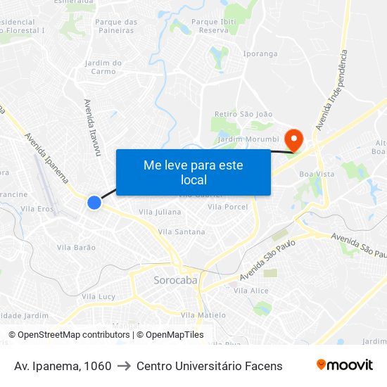 Av. Ipanema, 1060 to Centro Universitário Facens map