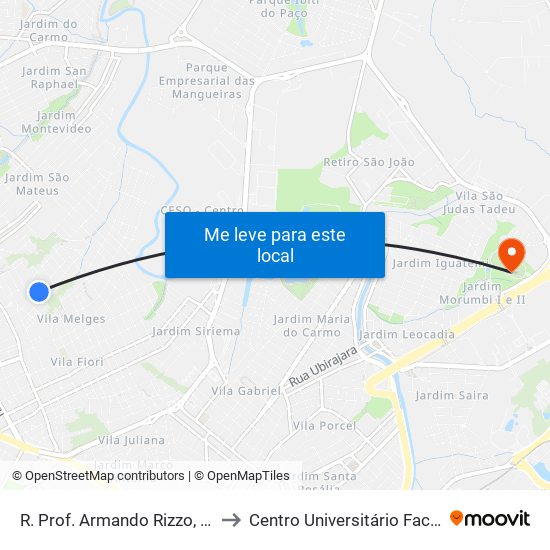 R. Prof. Armando Rizzo, 320 to Centro Universitário Facens map