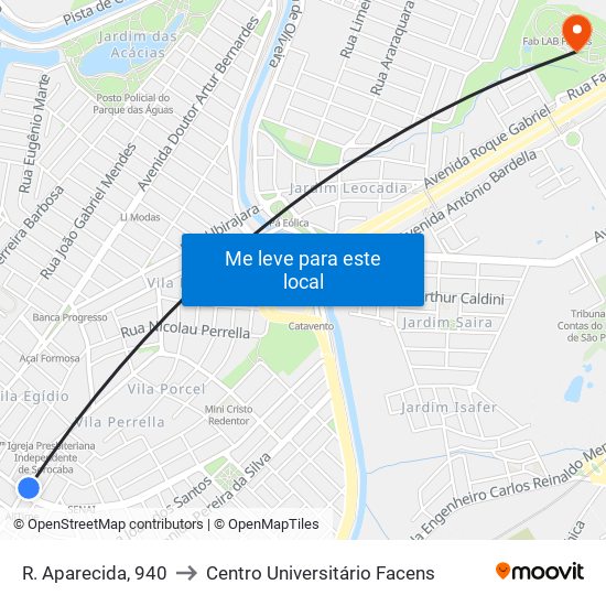 R. Aparecida, 940 to Centro Universitário Facens map