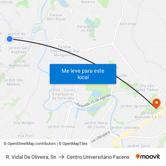 R. Vidal De Oliveira, Sn to Centro Universitário Facens map