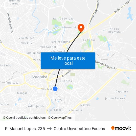 R. Manoel Lopes, 235 to Centro Universitário Facens map