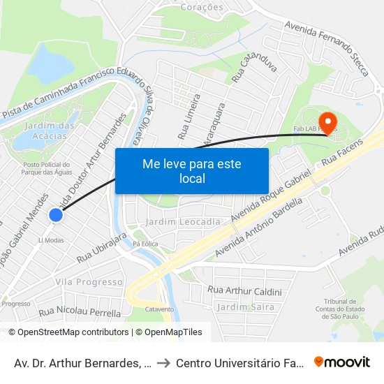 Av. Dr. Arthur Bernardes, 925 to Centro Universitário Facens map