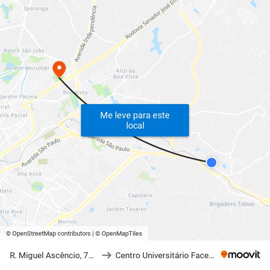 R. Miguel Ascêncio, 706 to Centro Universitário Facens map