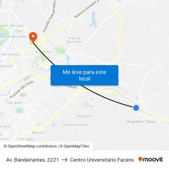 Av. Bandeirantes, 3221 to Centro Universitário Facens map