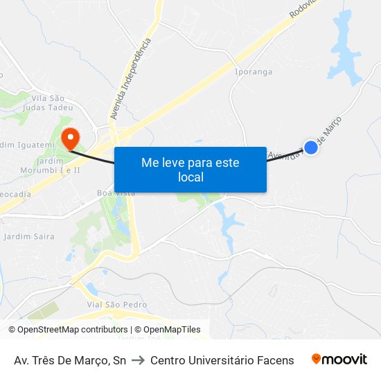 Av. Três De Março, Sn to Centro Universitário Facens map